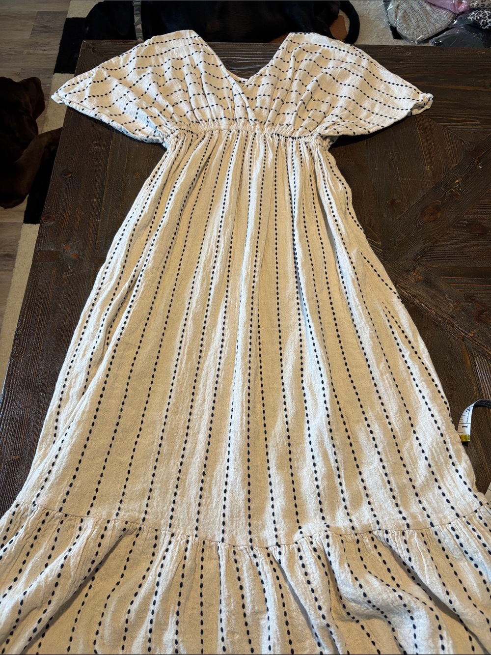 World Market Cream Maxi Dress with Navy Dot Stripes